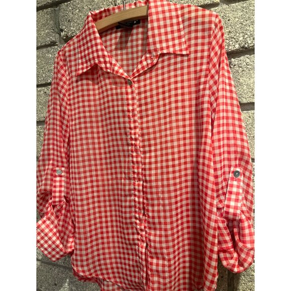 Red & White Gingham Button-Up Blouse By Living Doll Los Angeles Size M - Picture 2 of 7